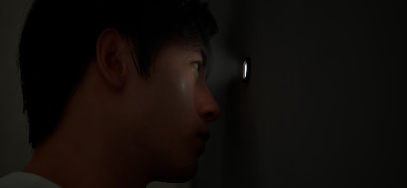 Hideo peering through a keyhole in BrokenLore: Don't Play, a psychological horror game.