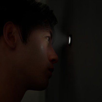 Hideo peering through a keyhole in BrokenLore: Don't Play, a psychological horror game.