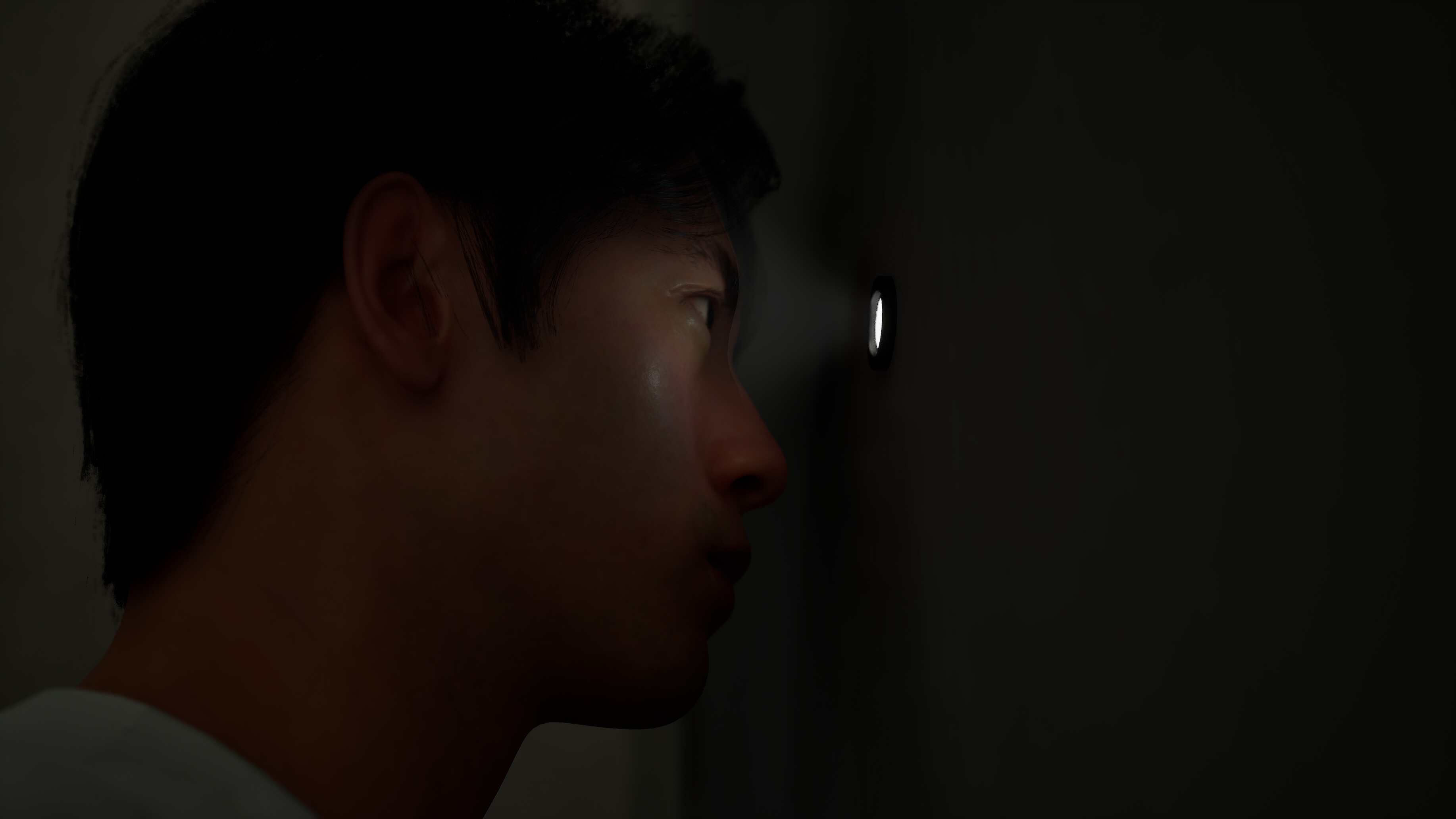 Hideo peering through a keyhole in BrokenLore: Don't Play, a psychological horror game.
