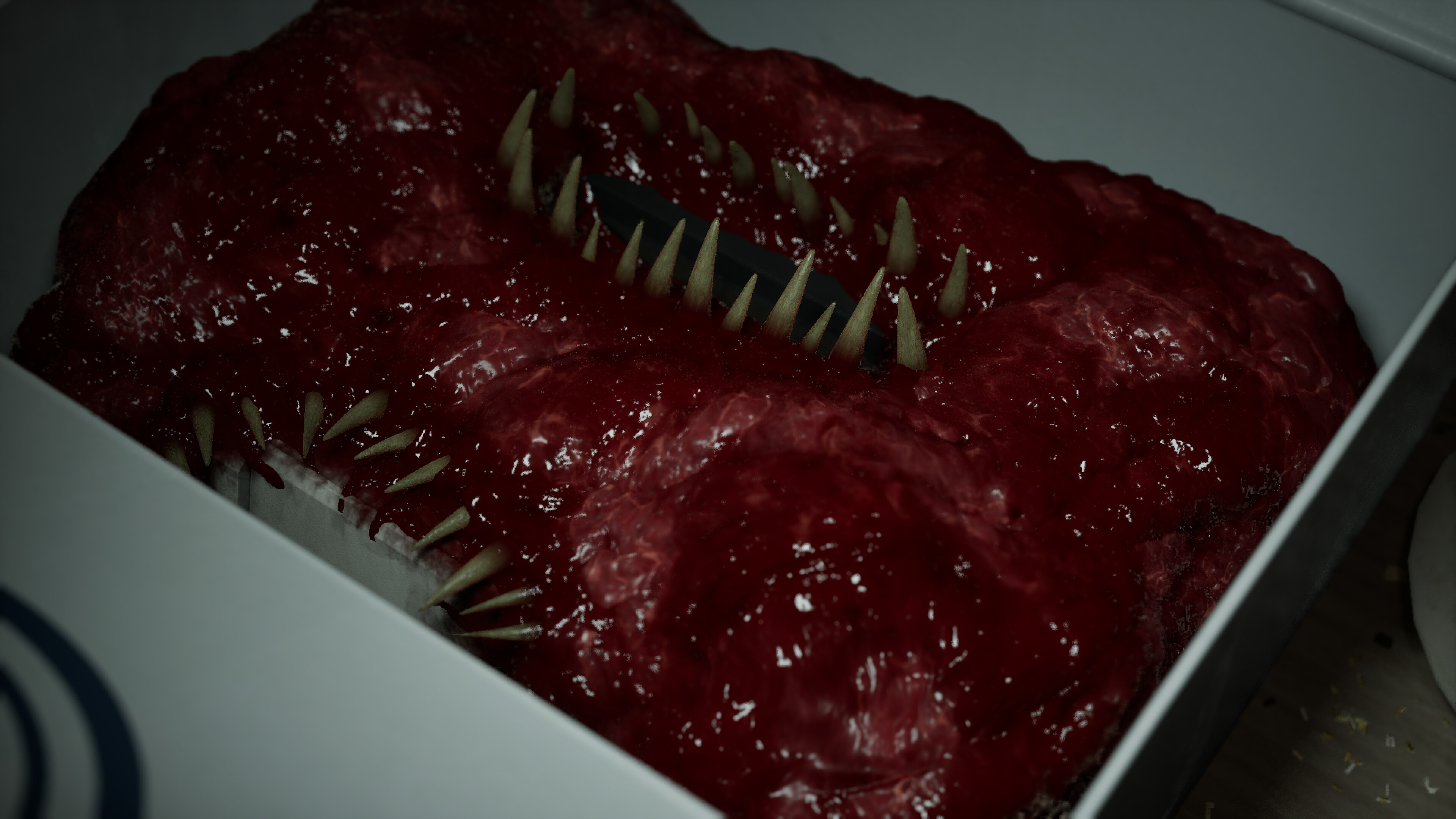 Close-up of a grotesque, bloody creature in a box from BrokenLore: Don't Play