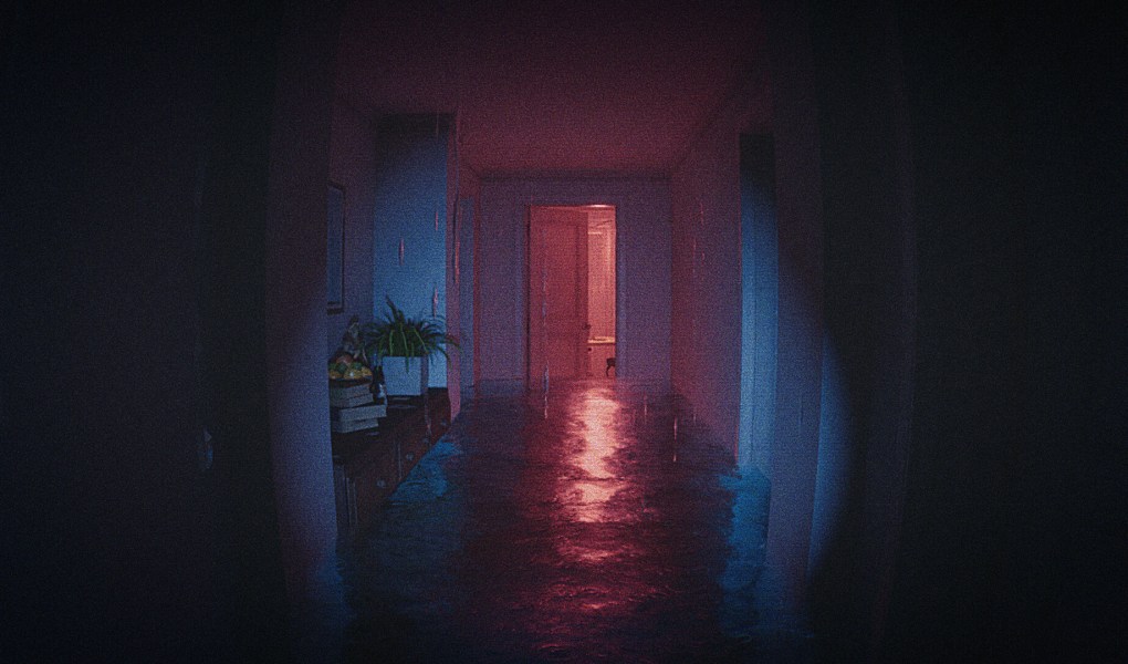 Eerie hallway in Captured 2 with surreal lighting and reflections