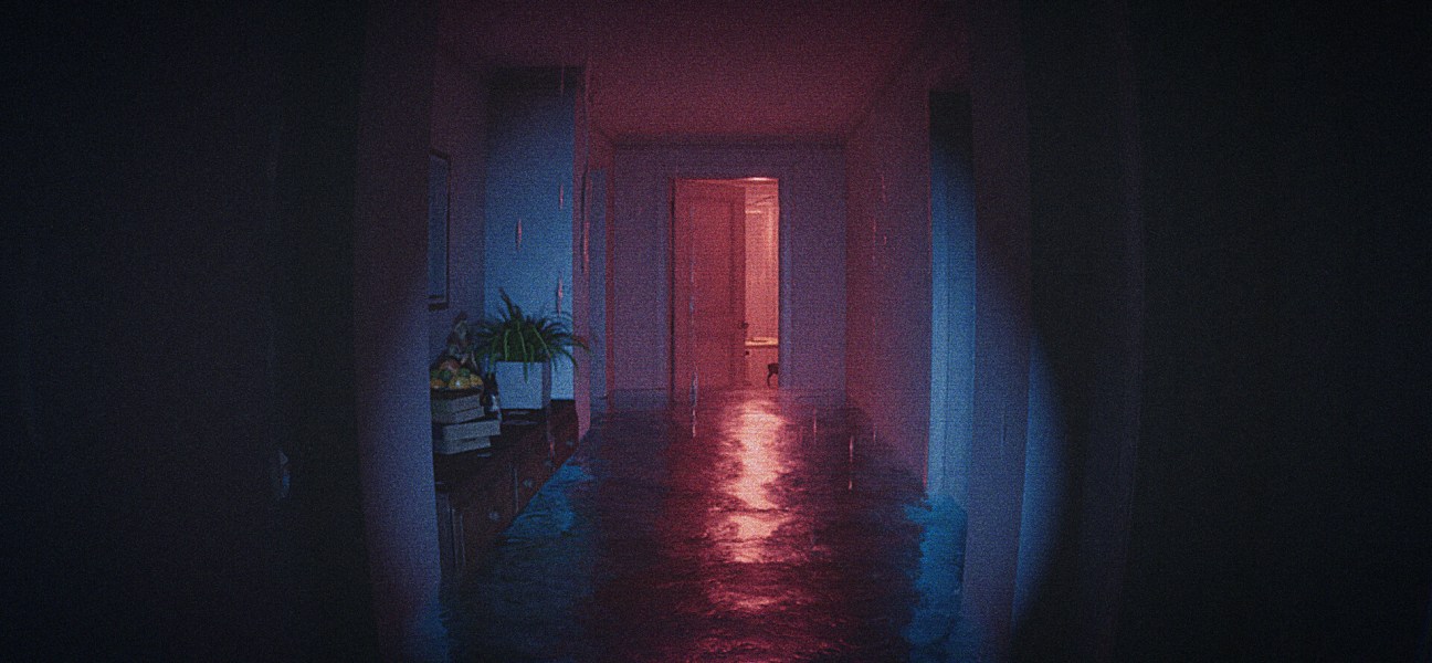 Eerie hallway in Captured 2 with surreal lighting and reflections