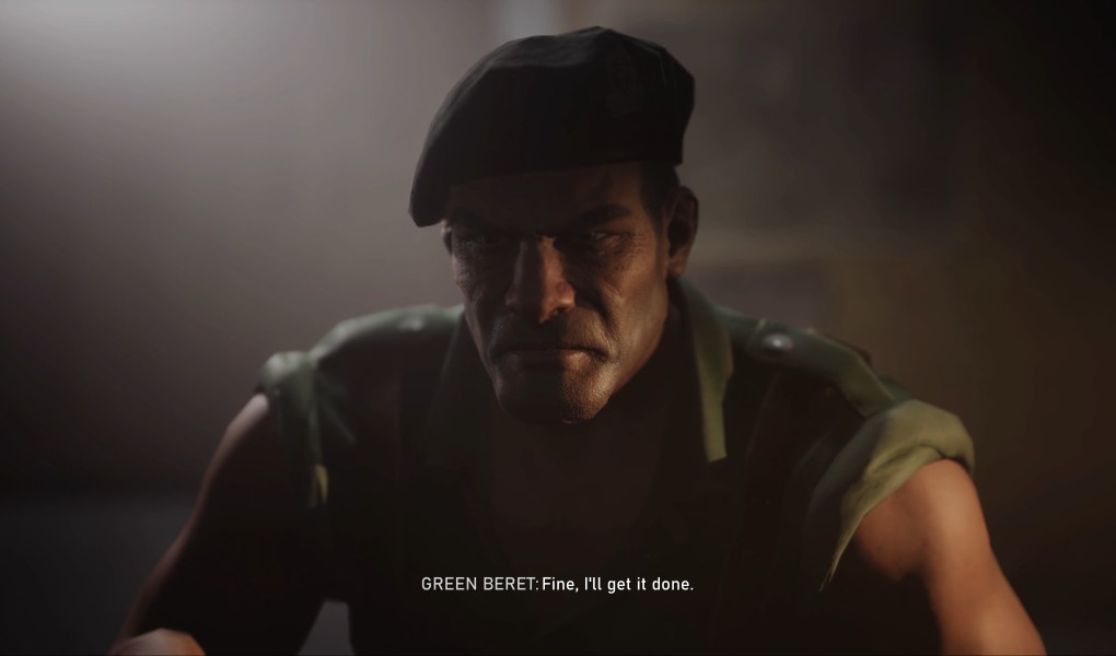 Intense close-up of a Green Beret character in Commandos: Origins DLC