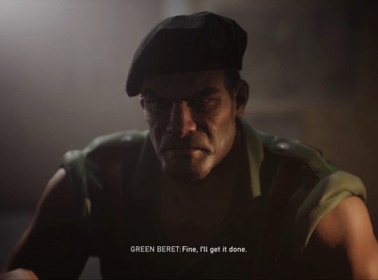 Intense close-up of a Green Beret character in Commandos: Origins DLC