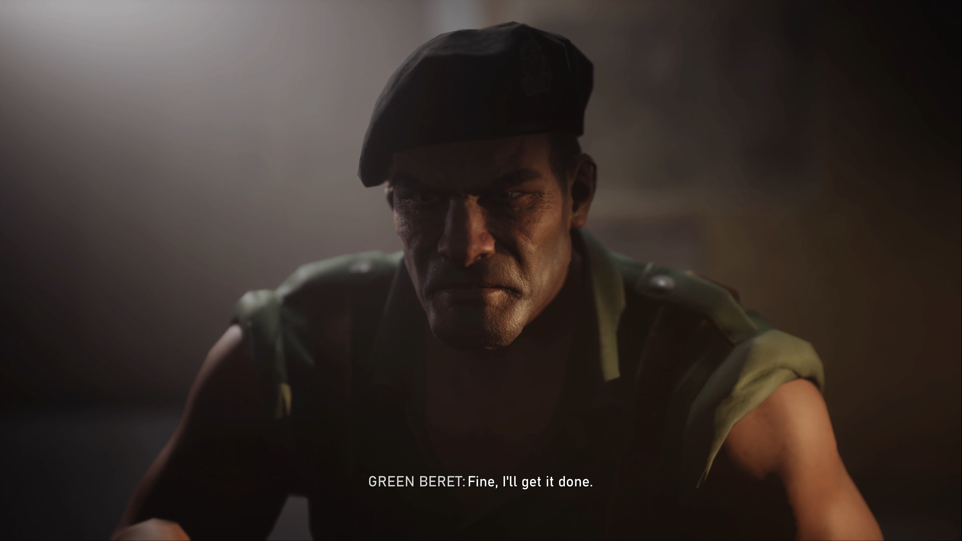 Intense close-up of a Green Beret character in Commandos: Origins DLC