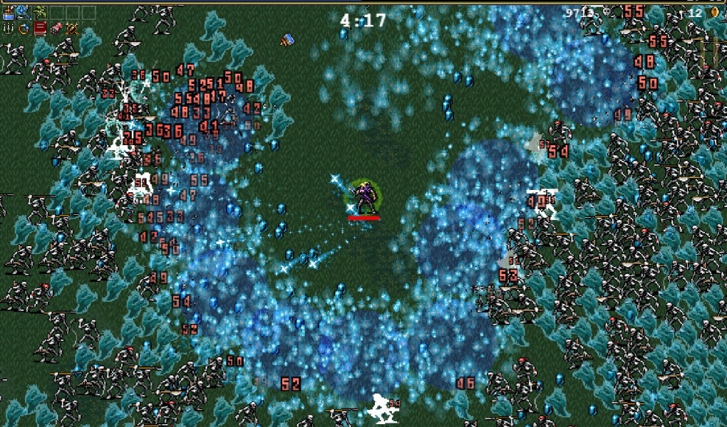 Intense gameplay scene from Vampire Survivors with character surrounded by enemies and effects.