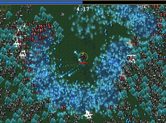 Intense gameplay scene from Vampire Survivors with character surrounded by enemies and effects.