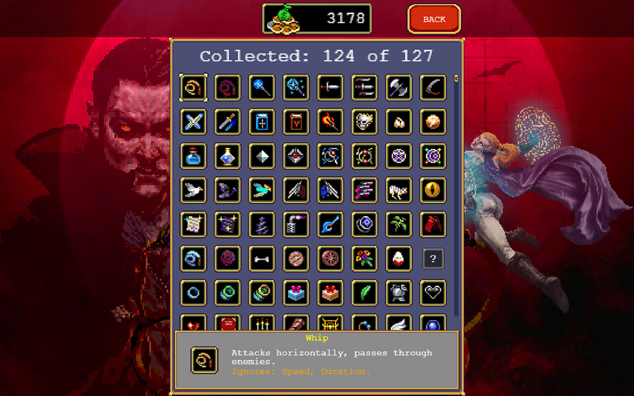 Vampire Survivors item collection screen showcasing various upgrades and abilities.