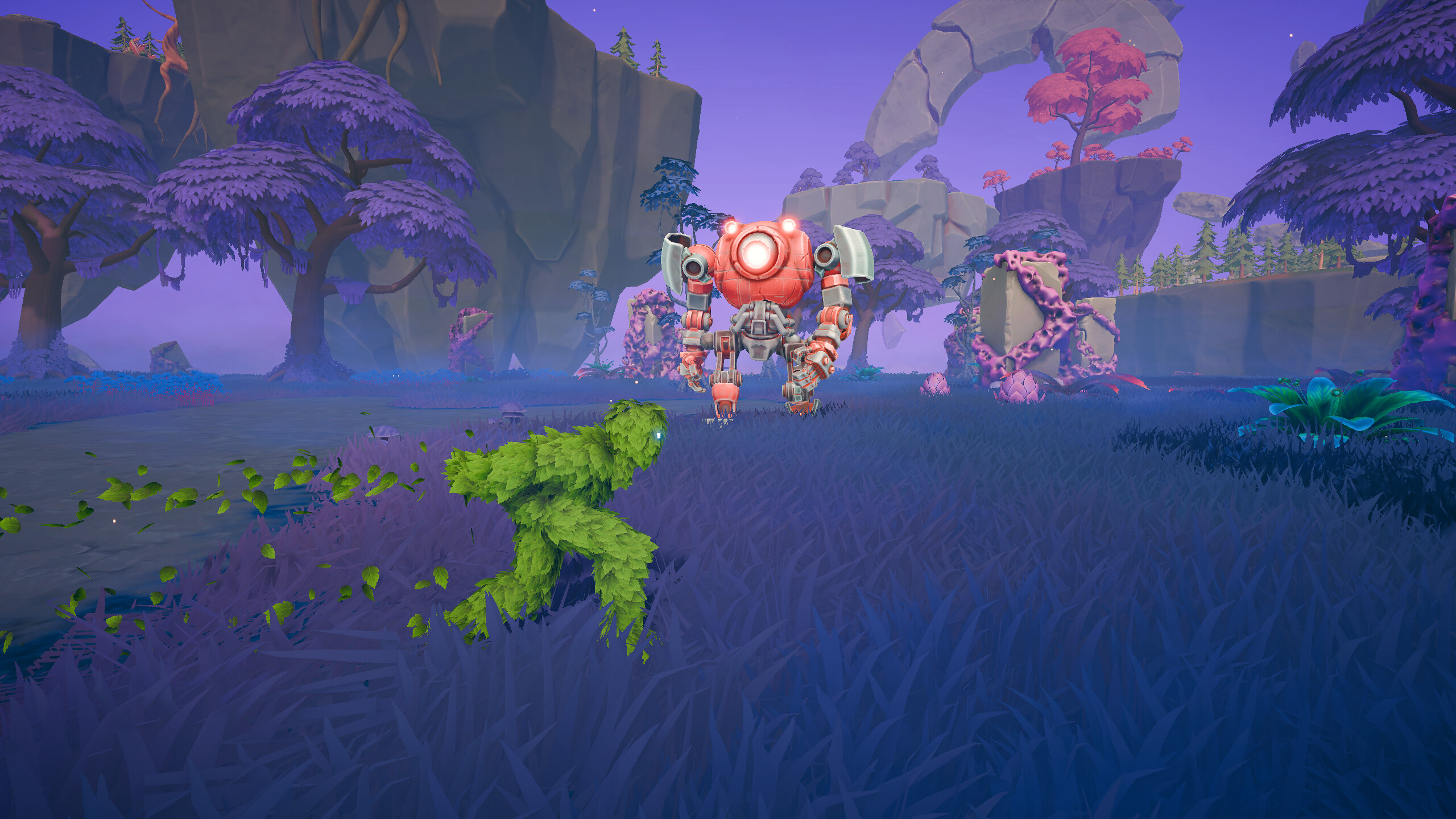 Leafborn: A mystical leaf warrior faces a giant robot in a vibrant sky island landscape.
