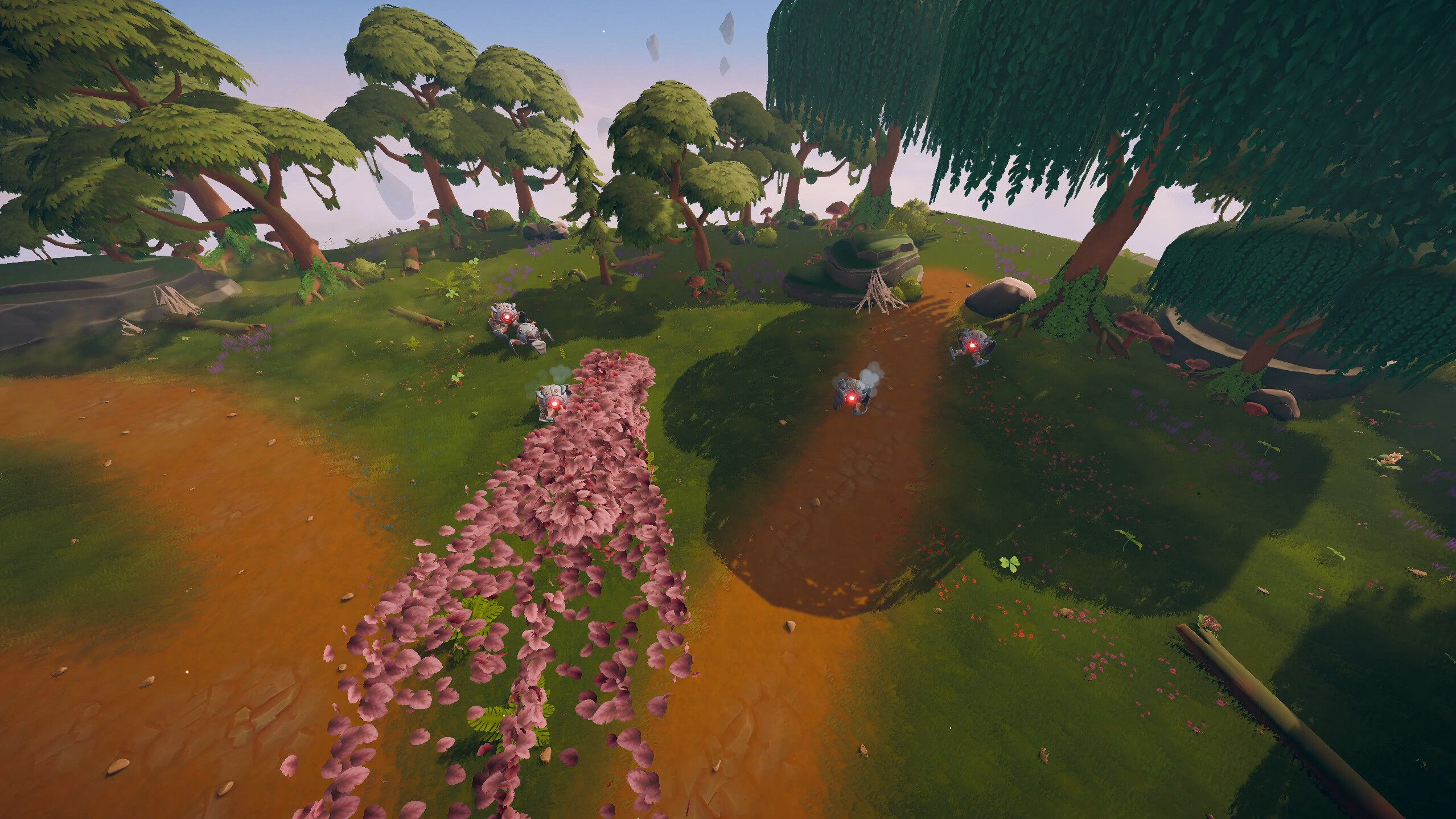 Colorful floating island in Leafborn with lush trees and mystical leaf warrior.