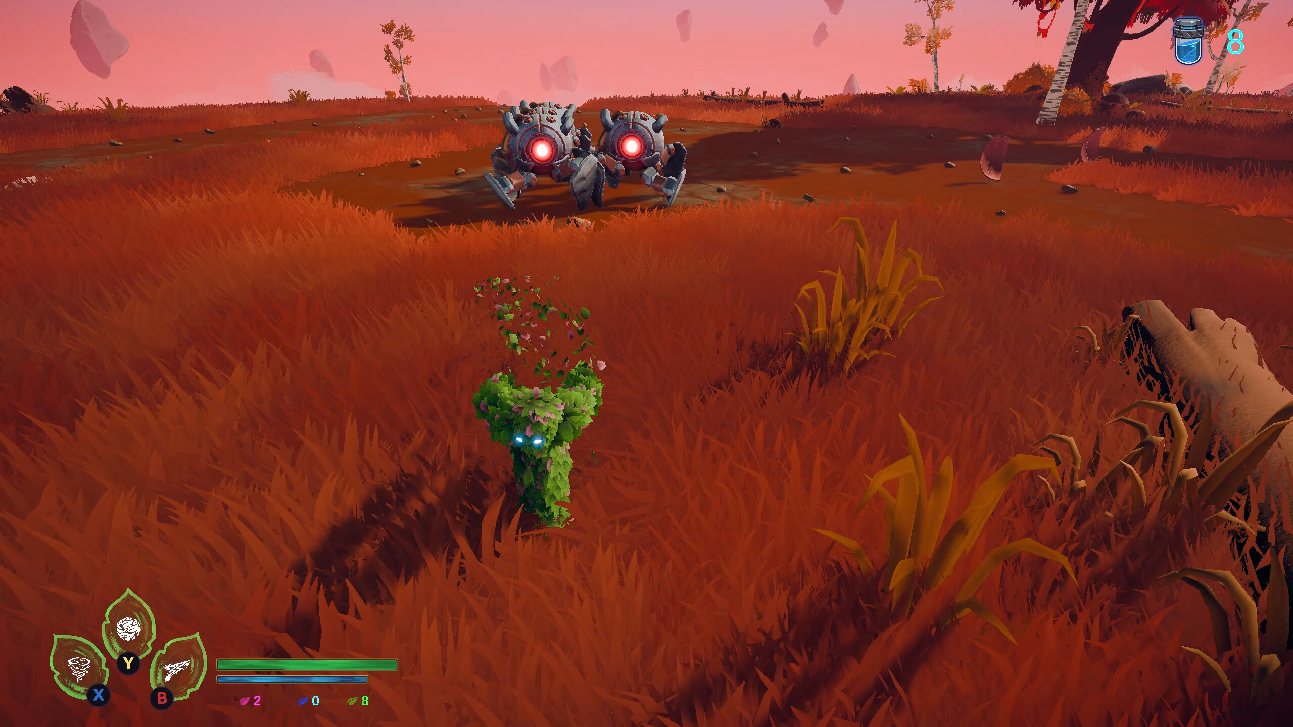 Leafborn game screenshot featuring a leaf warrior in a vibrant landscape.