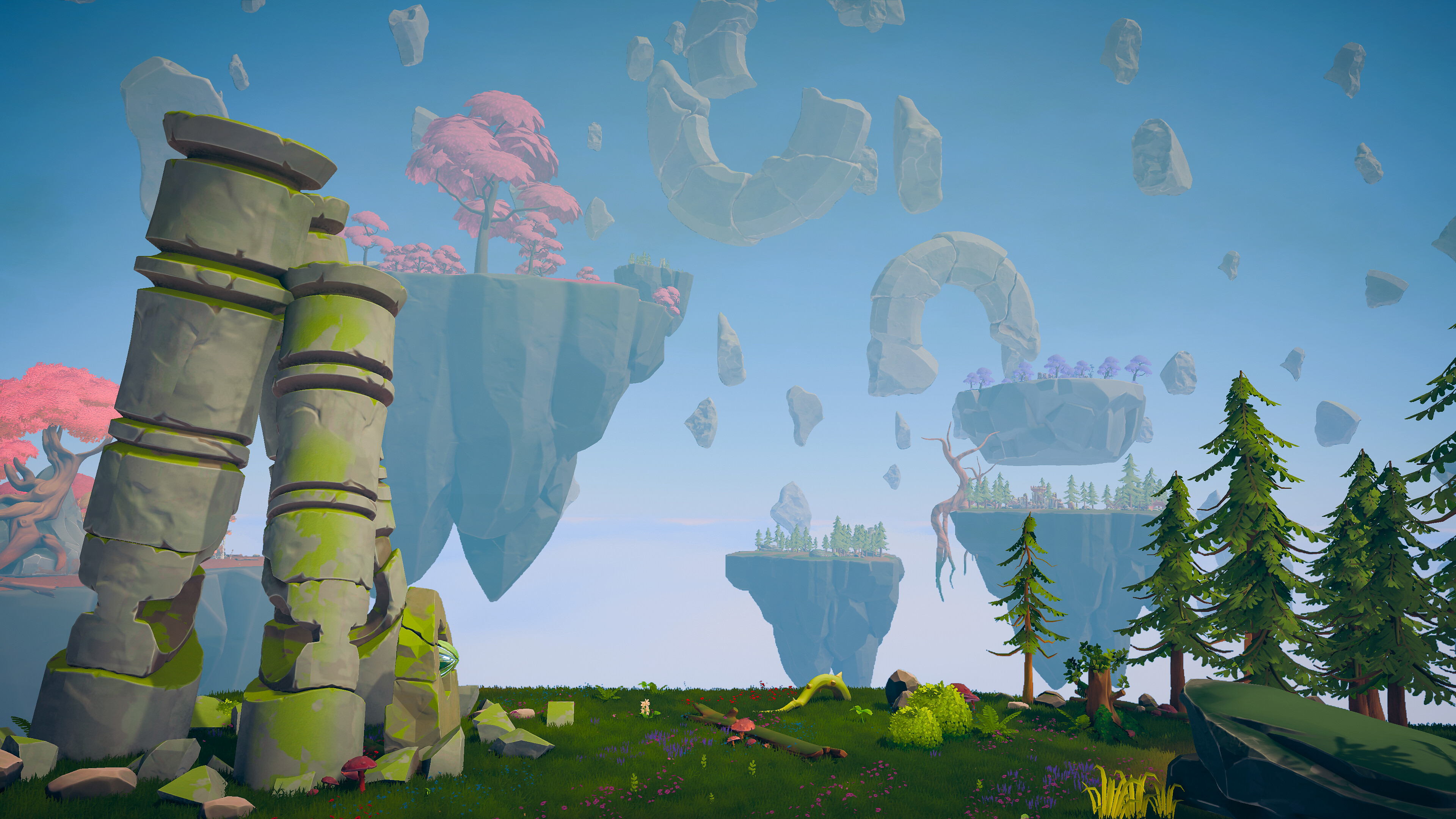 Vibrant floating islands in Leafborn, showcasing lush landscapes and mystical structures.