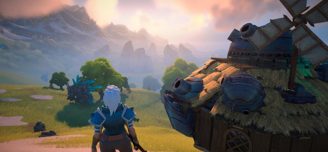 Character overlooking a vibrant landscape in Loya, an open-world survival RPG.