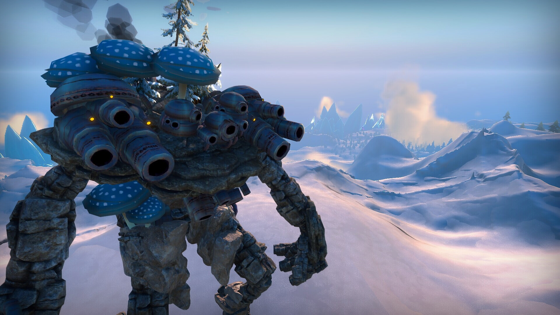 Giant monster in Loya's snowy landscape with walking fortress in the background.