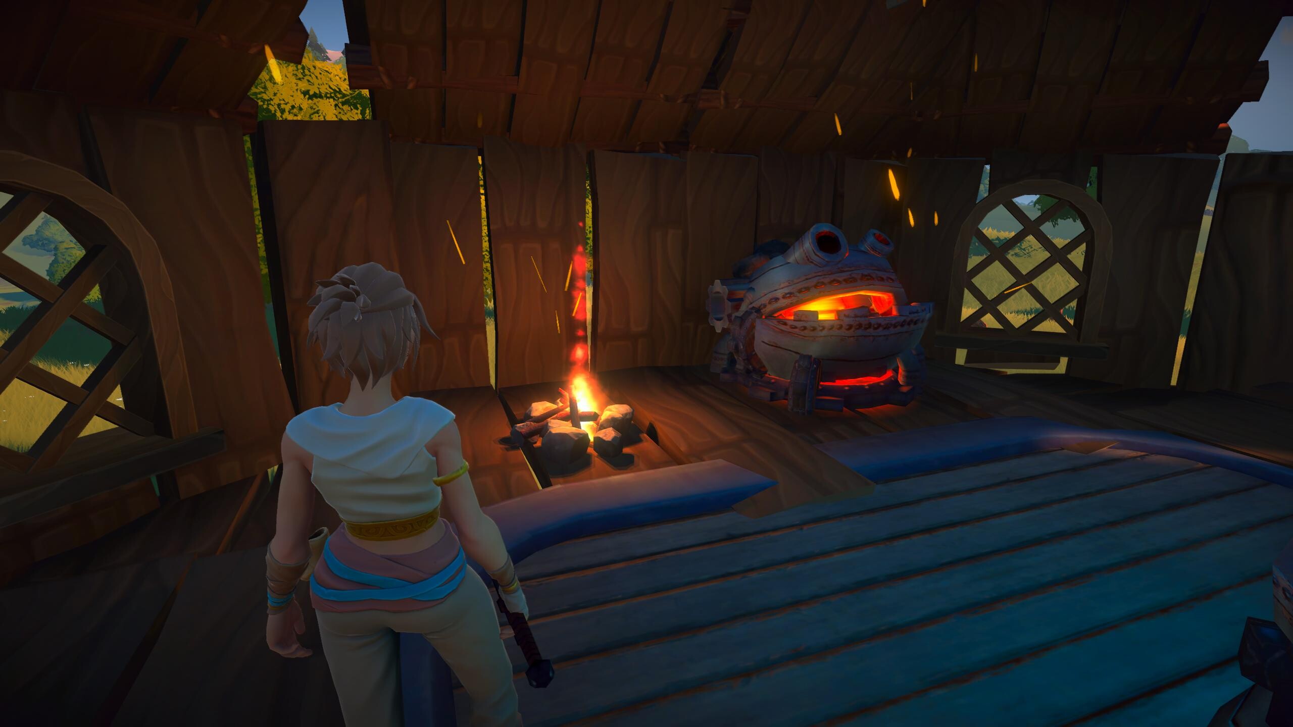 Character near a campfire in a cozy wooden shelter in Loya RPG