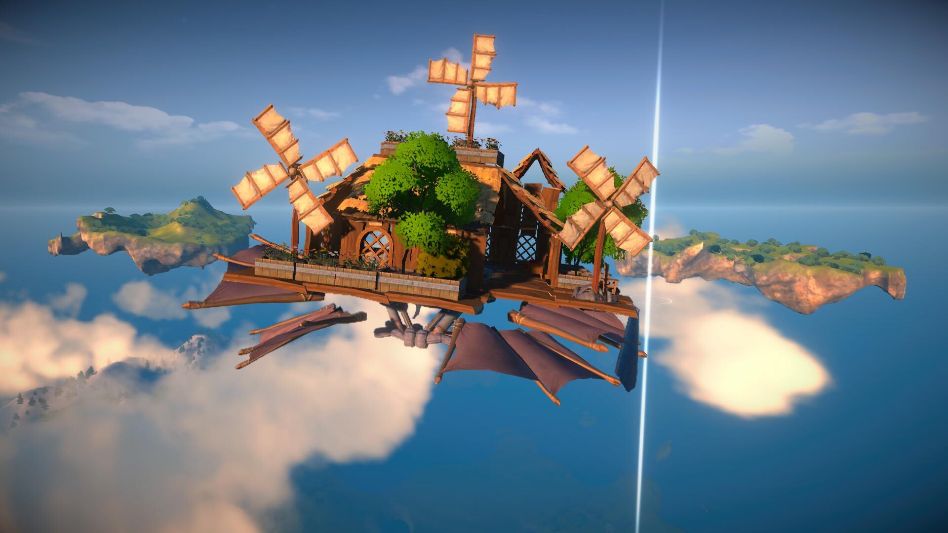 Loya's walking fortress floating in a vibrant sky with windmills.