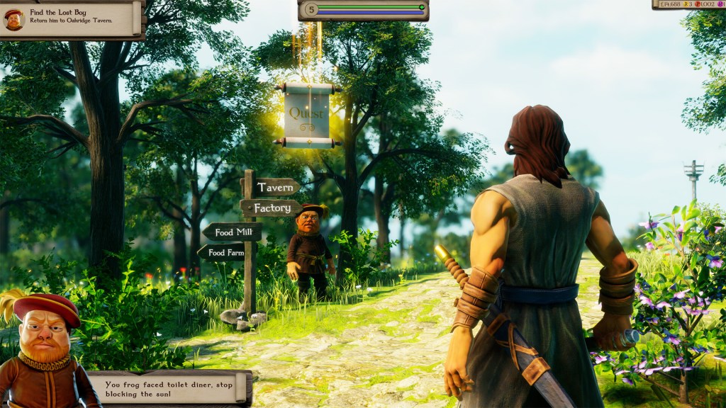 A character approaches a signpost in a vibrant fantasy landscape in Masters of Albion.