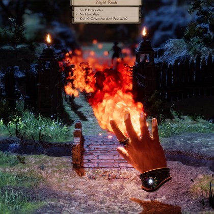 Epic scene from Masters of Albion showcasing magical fire spell in a fantasy landscape