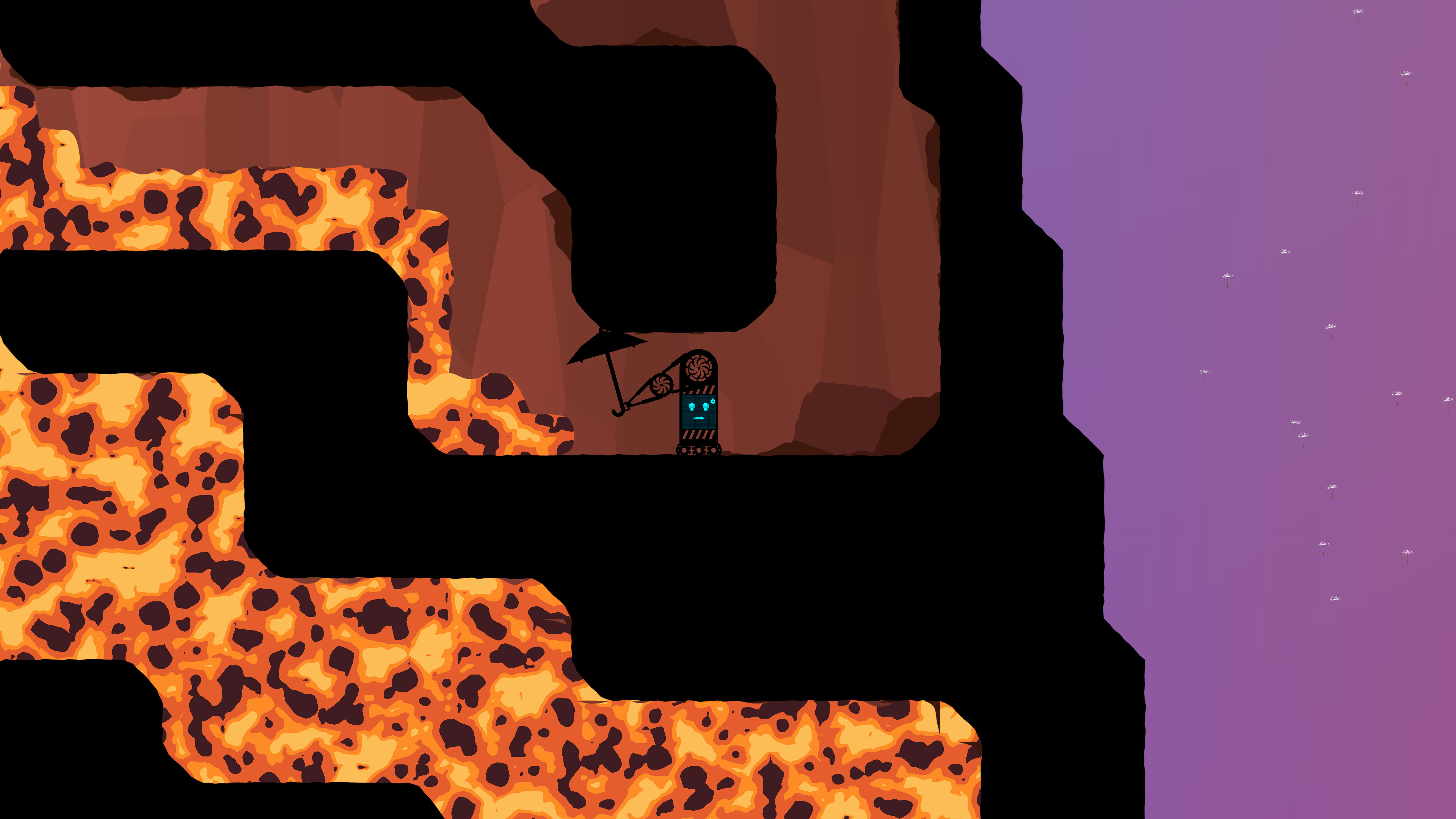 Character using an umbrella in a lava-filled cave in Moonbrella game