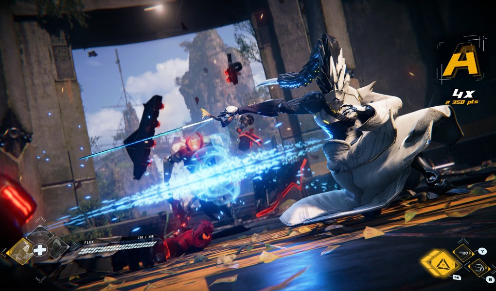 Dynamic action scene from Morbid Metal featuring character Flux battling a machine enemy.