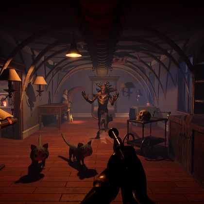 Paws Coven gameplay featuring occult cats and a human in a dimly lit room