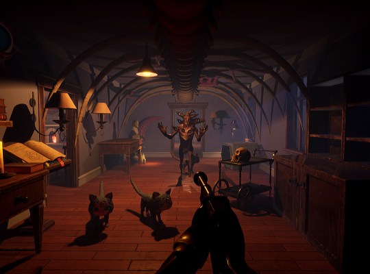 Paws Coven gameplay featuring occult cats and a human in a dimly lit room