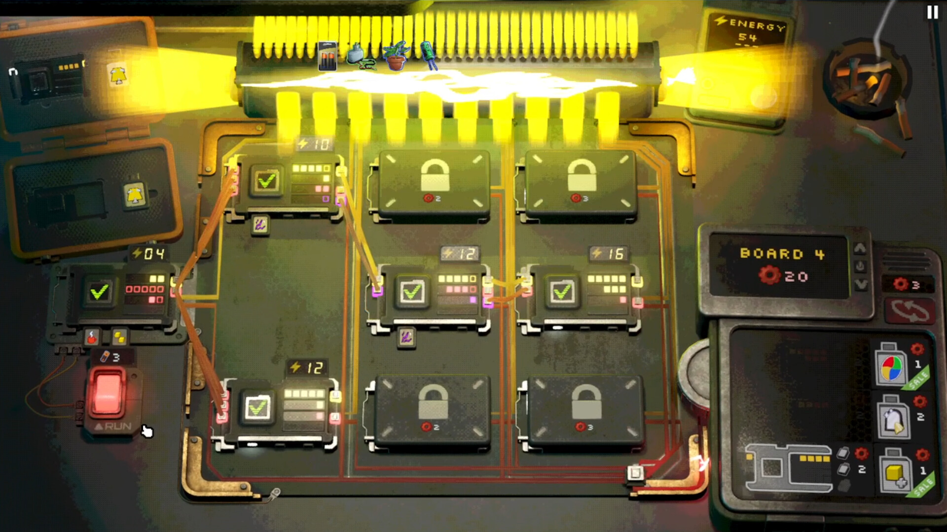 Circuit board puzzle gameplay in Retroneer, showcasing resource management mechanics.