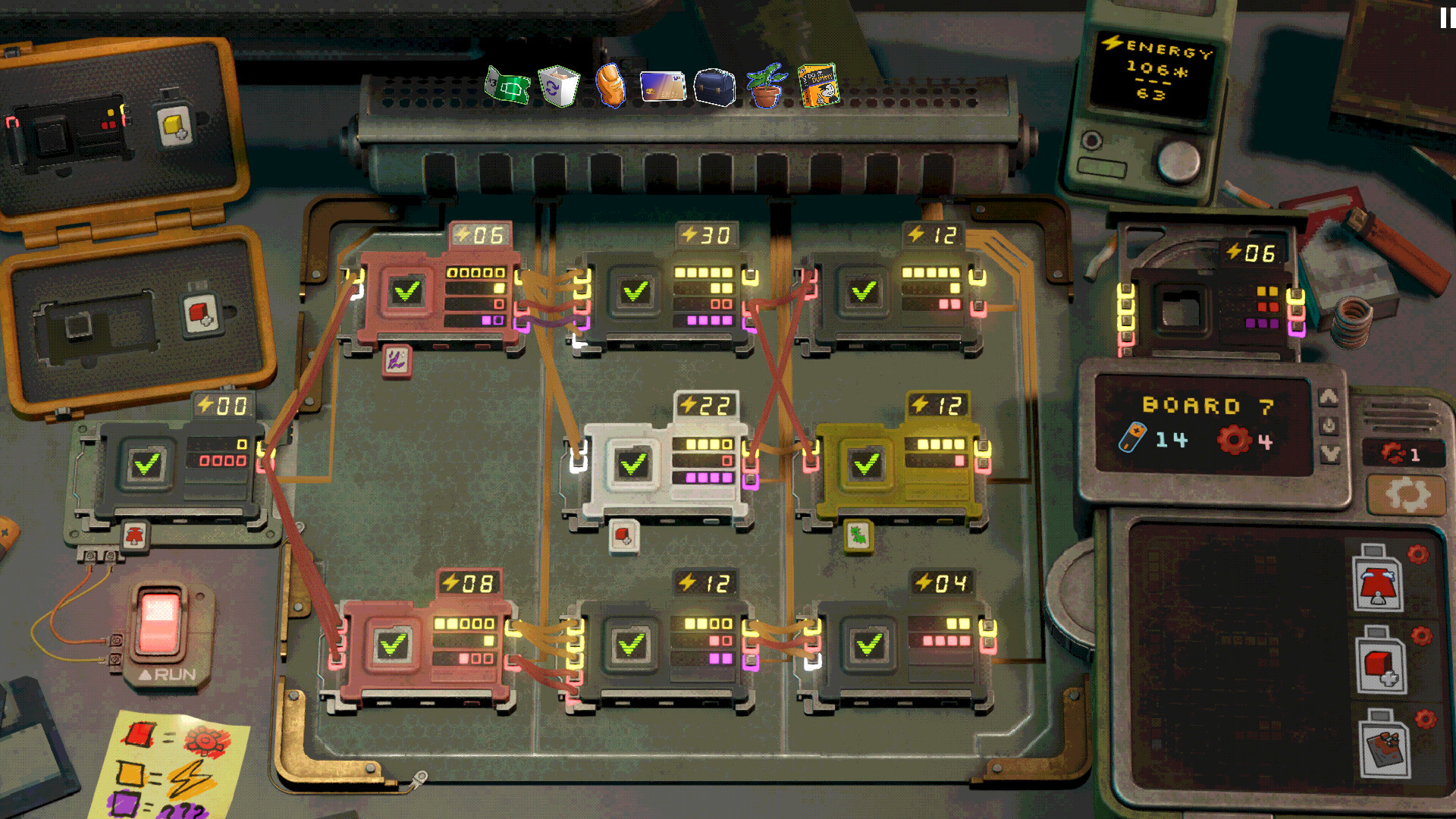 Circuit board layout in Retroneer showcasing resource management mechanics.