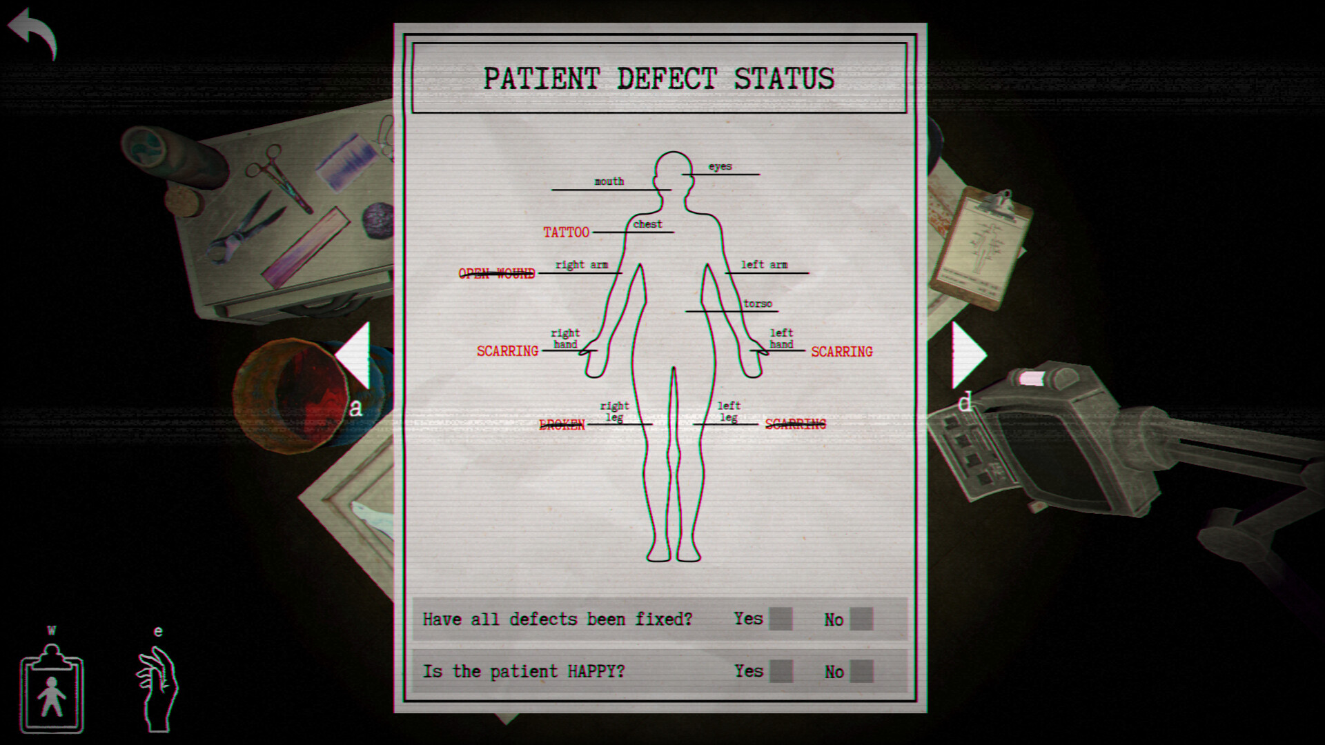 Patient defect status screen in Smile More medical simulation horror game