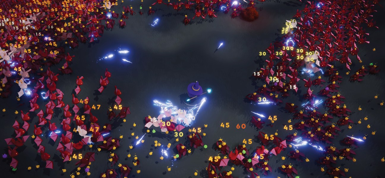 Intense gameplay scene from Trials Survivors featuring vibrant enemy hordes and action.
