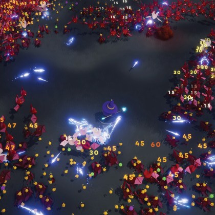 Intense gameplay scene from Trials Survivors featuring vibrant enemy hordes and action.