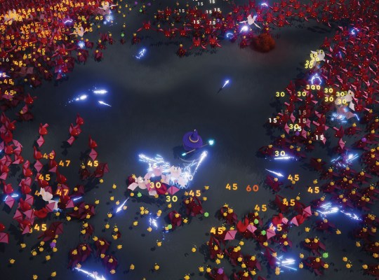 Intense gameplay scene from Trials Survivors featuring vibrant enemy hordes and action.