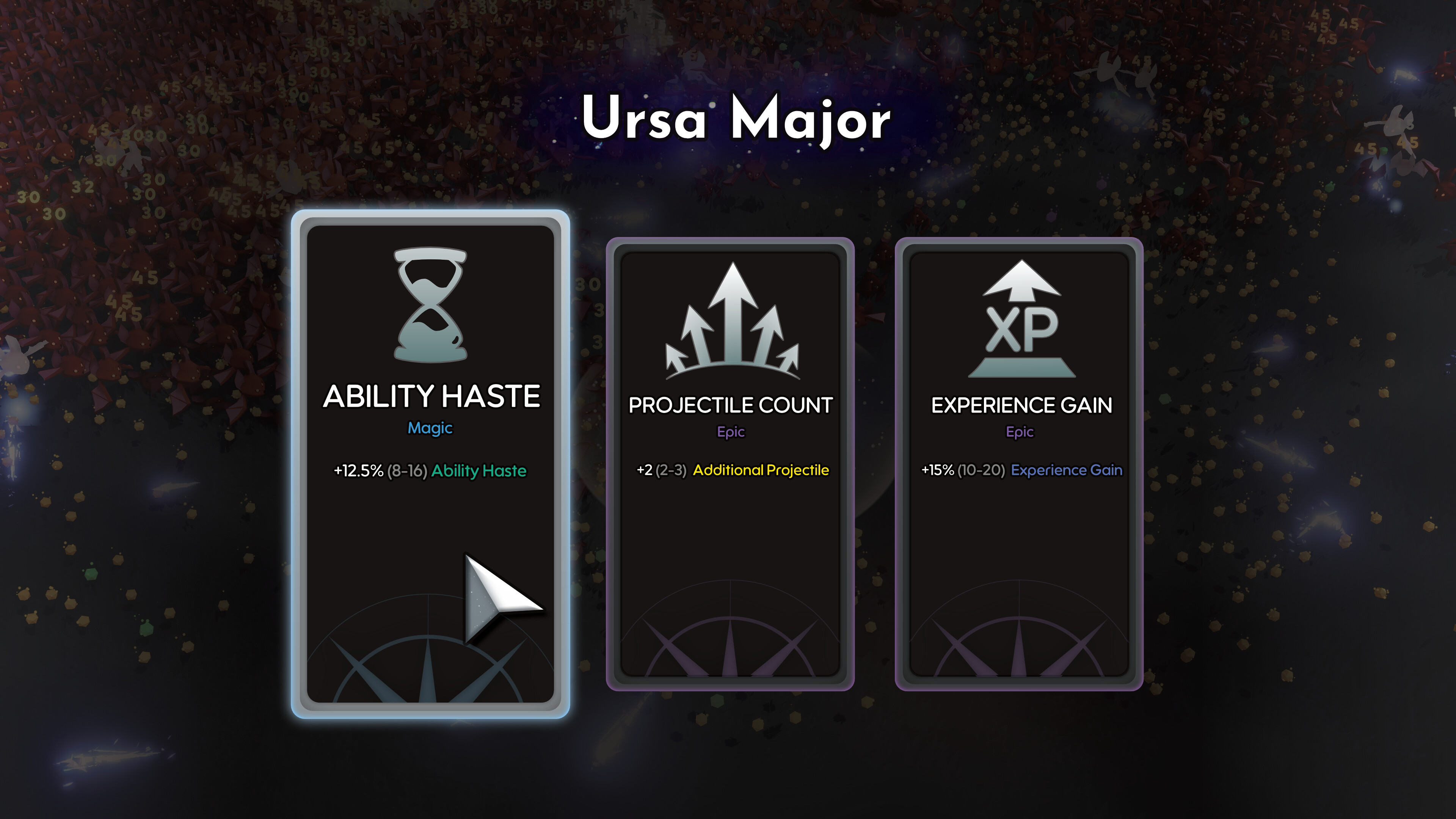 Upgrade options screen for Trials Survivors featuring Ability Haste, Projectile Count, and Experience Gain.