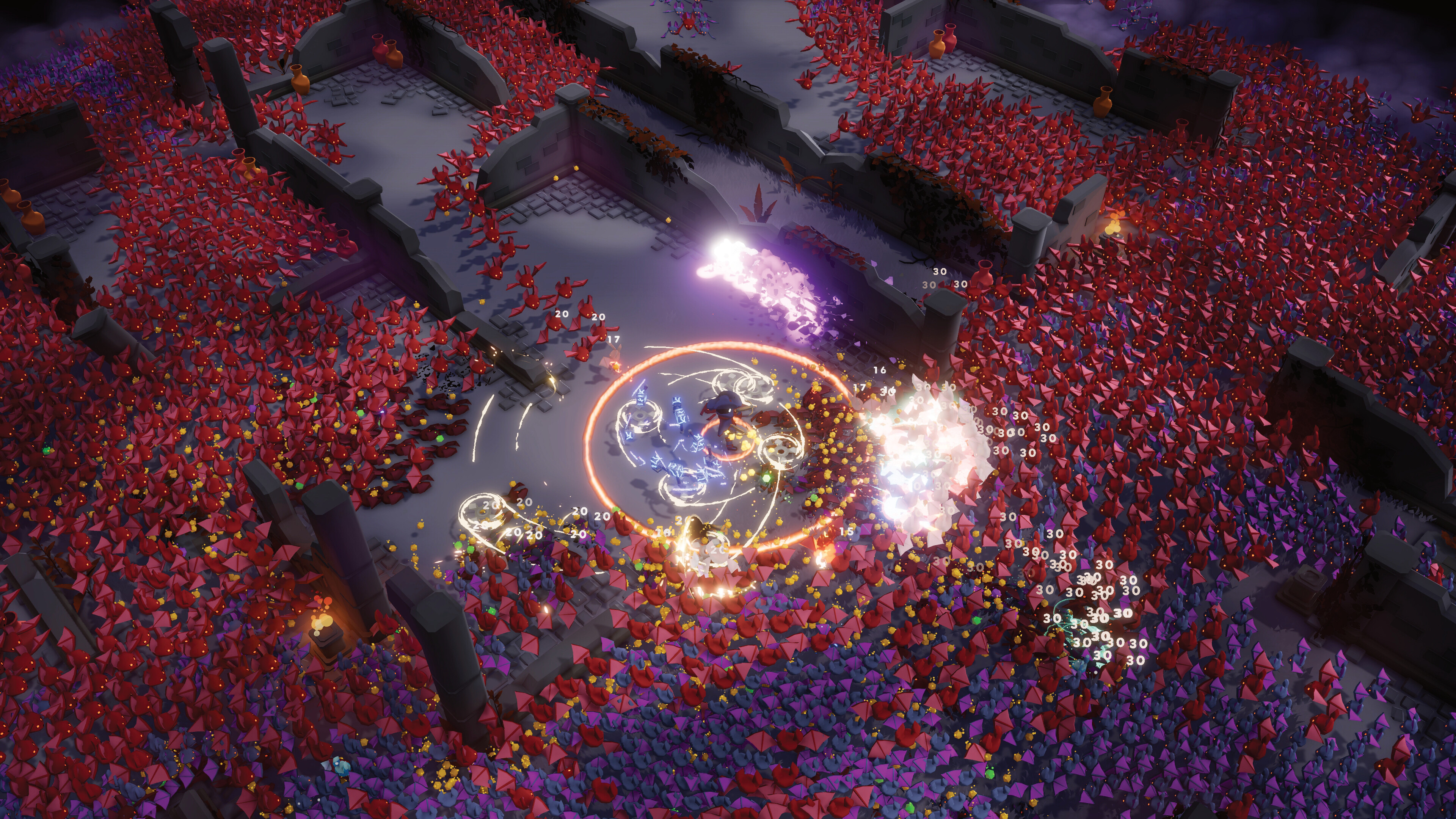 Intense gameplay scene from Trials Survivors featuring vibrant enemy hordes and action.