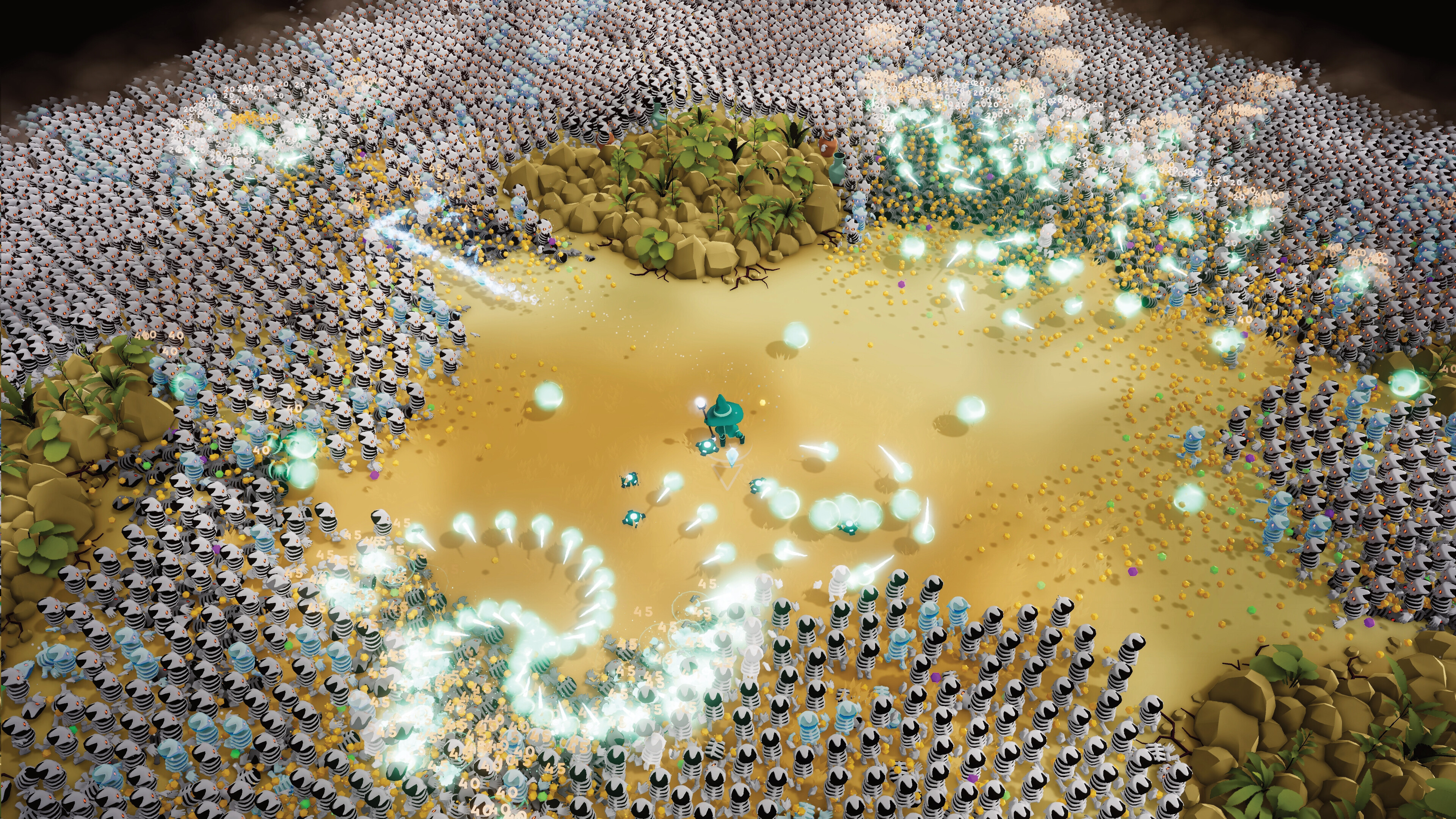 Intense gameplay scene from Trials Survivors featuring cosmic battles and enemy hordes.