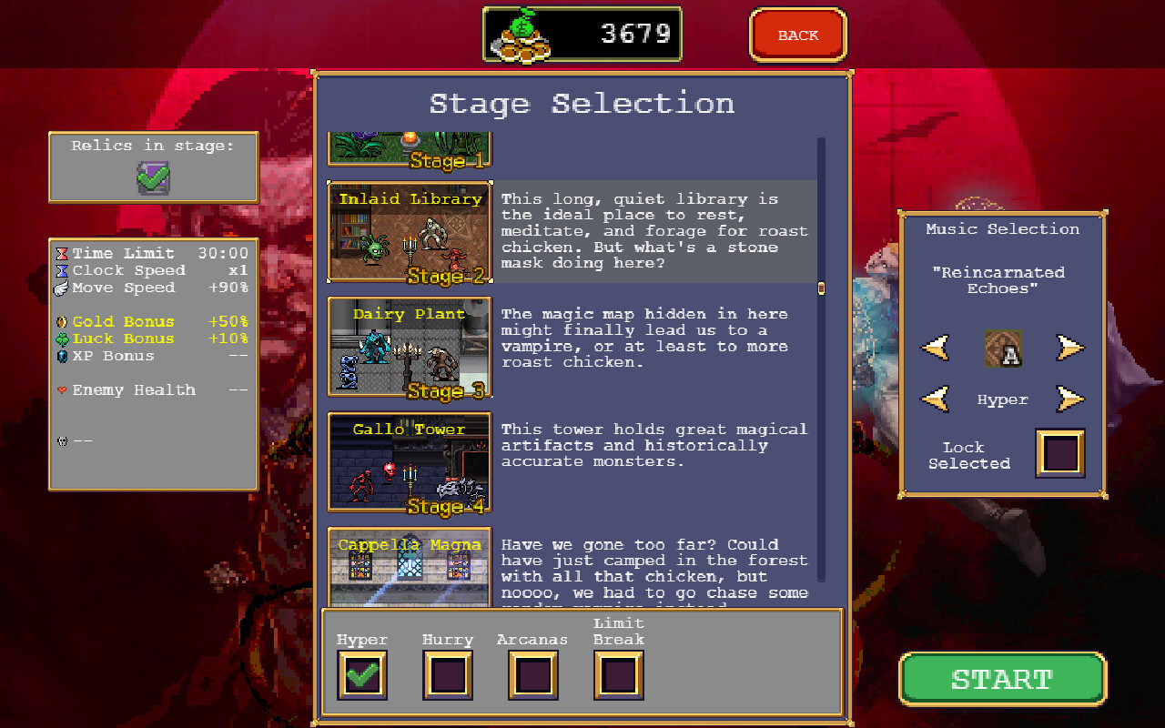Vampire Survivors stage selection screen with various options and descriptions