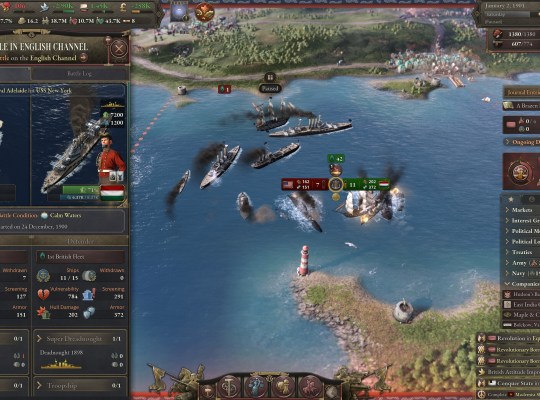 Naval battle scene from Victoria 3: The Great Wave expansion showcasing ship designs.