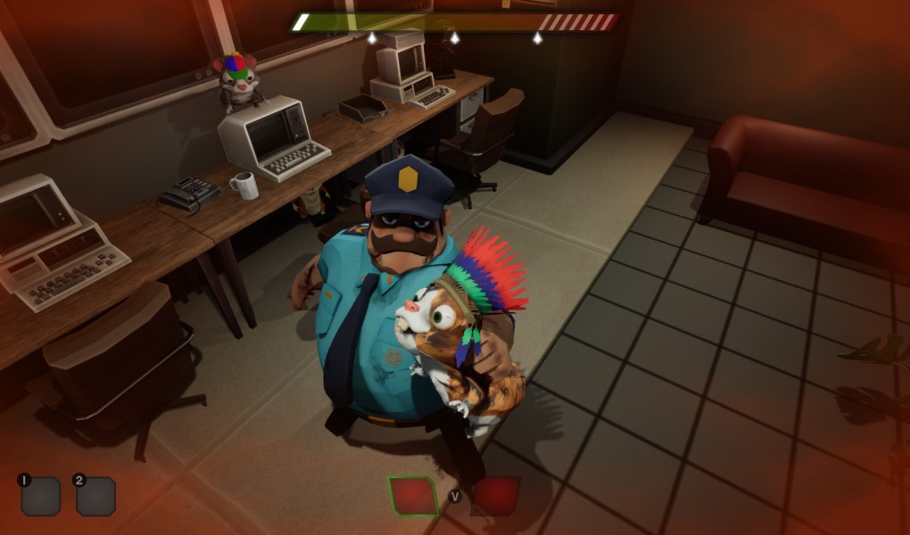 Zombie Hamsters game scene with a hamster and a police officer in a lab setting.