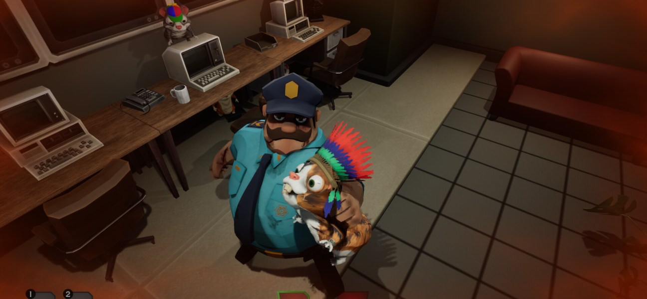 Zombie Hamsters game scene with a hamster and a police officer in a lab setting.