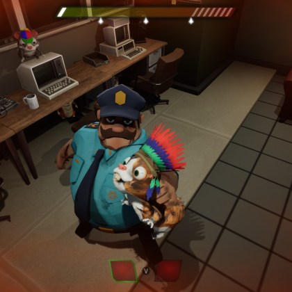 Zombie Hamsters game scene with a hamster and a police officer in a lab setting.