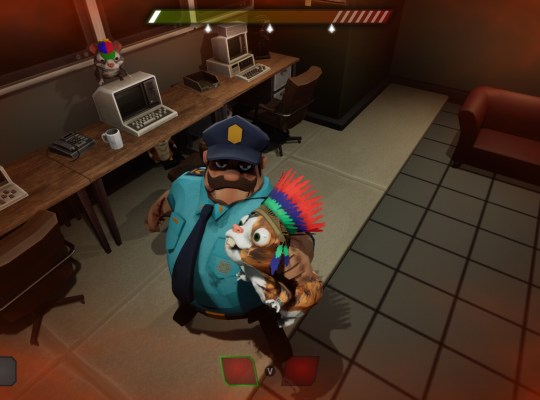 Zombie Hamsters game scene with a hamster and a police officer in a lab setting.