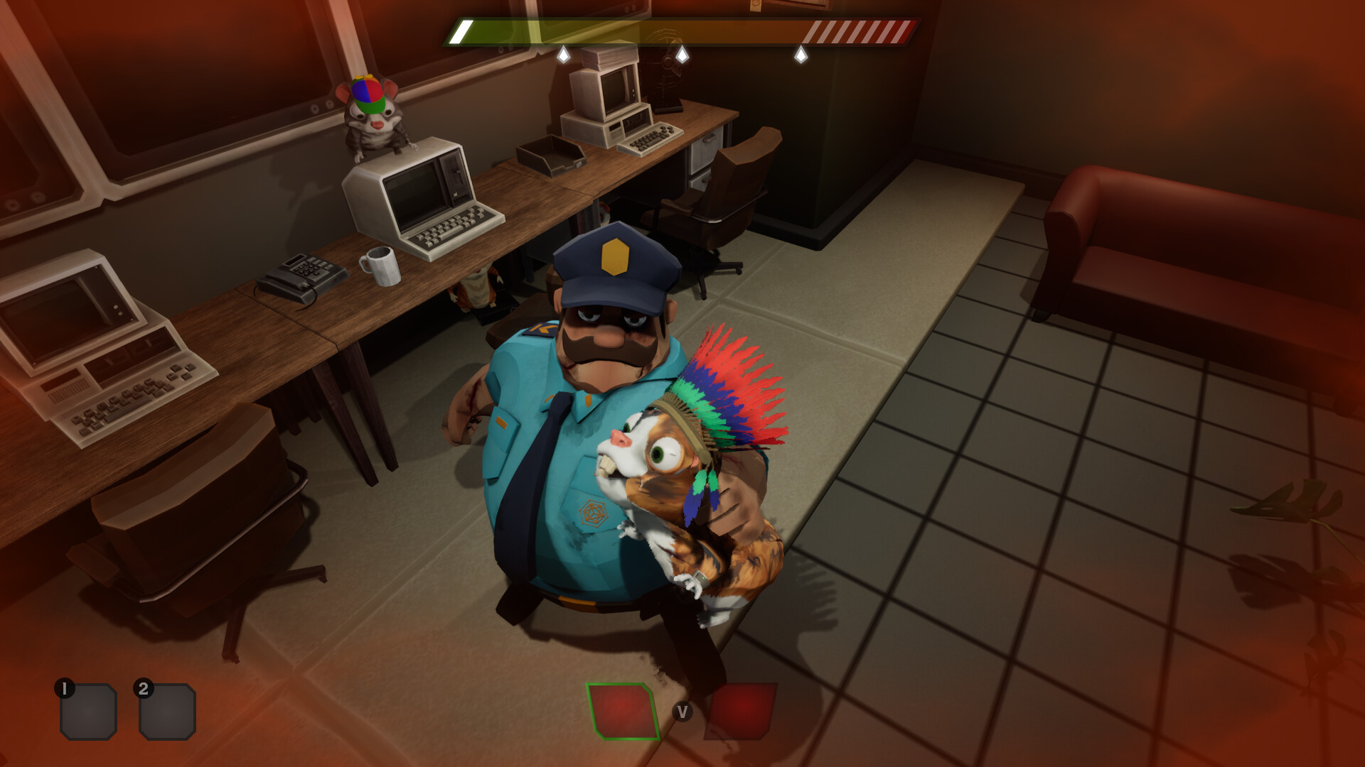 Zombie Hamsters game scene with a hamster and a police officer in a lab setting.