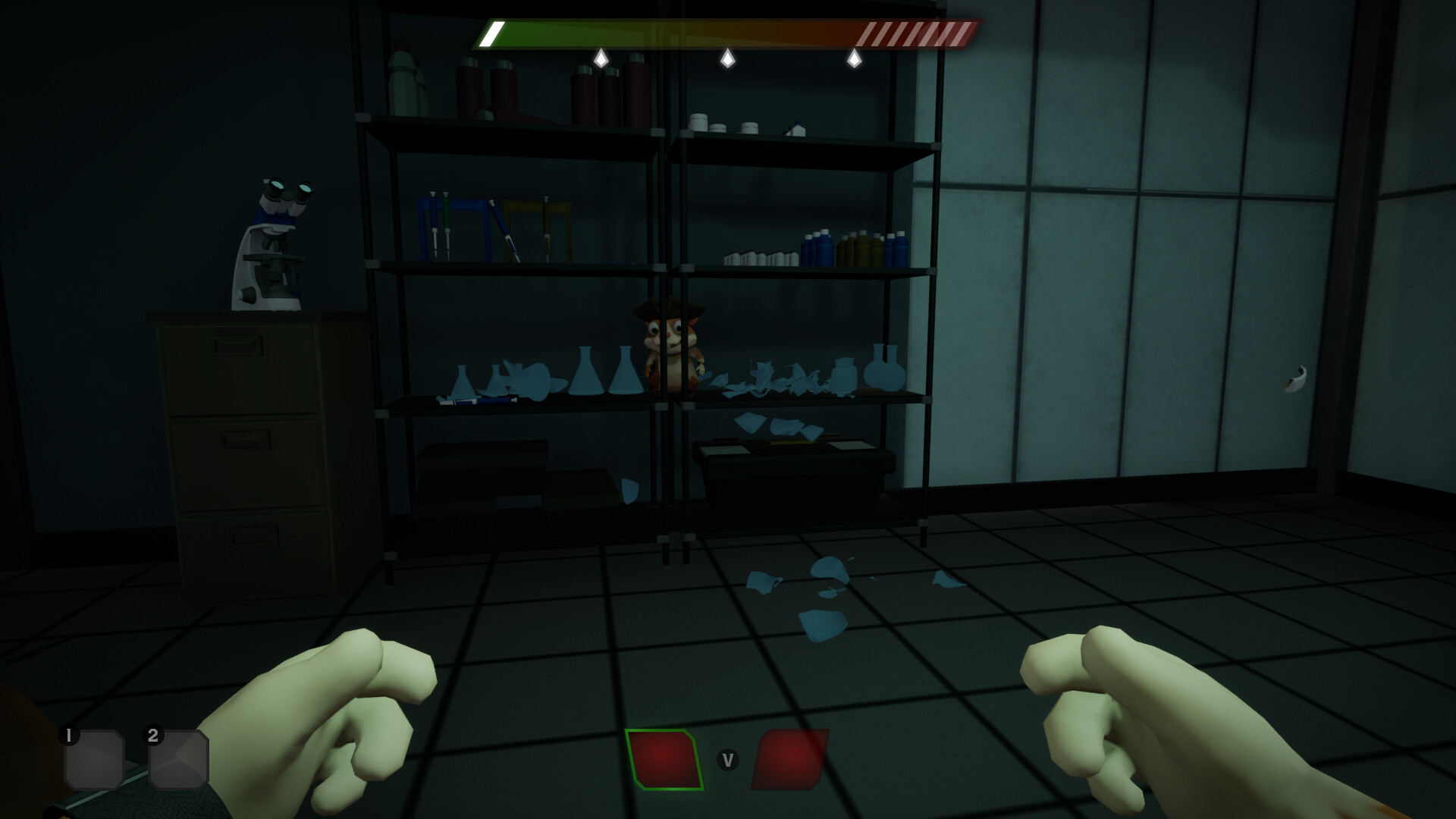 Zombie Hamsters game scene with shelves and broken glass in a lab setting