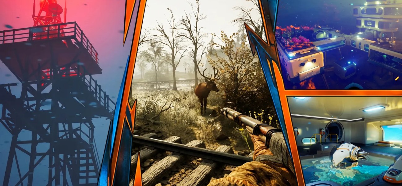AI-composed panel collage header for "Best Co-Op Survival Base-Builders to Play With Friends After No Man's Sky" (Nano Banana Pro)