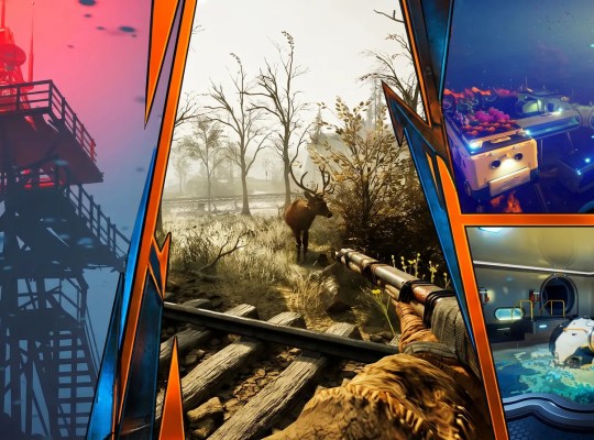 AI-composed panel collage header for "Best Co-Op Survival Base-Builders to Play With Friends After No Man's Sky" (Nano Banana Pro)