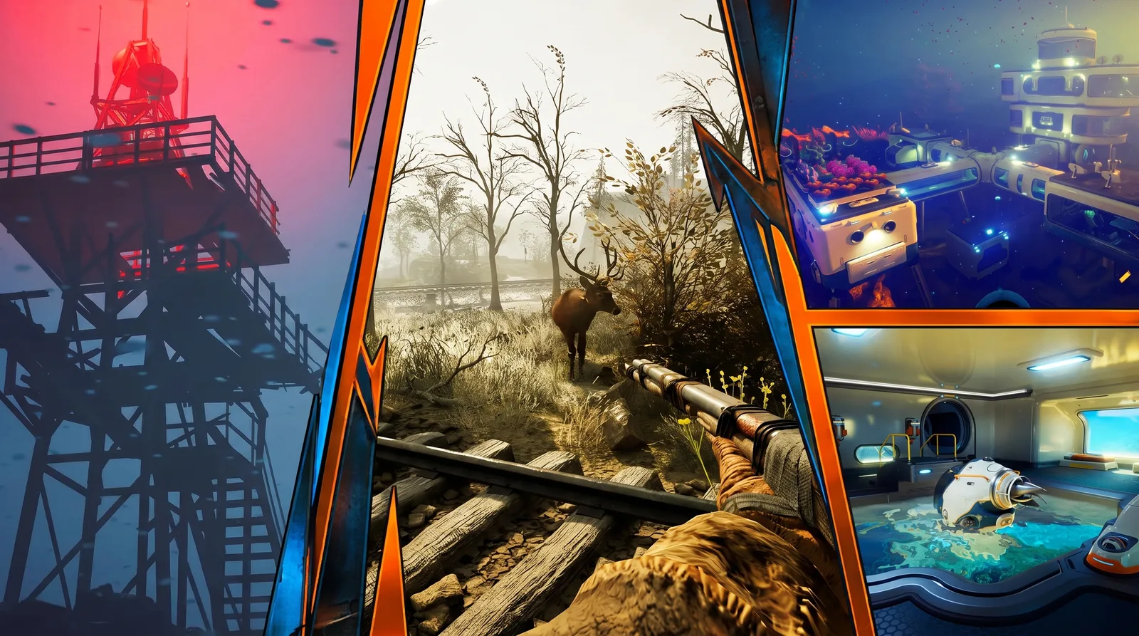 AI-composed panel collage header for "Best Co-Op Survival Base-Builders to Play With Friends After No Man's Sky" (Nano Banana Pro)