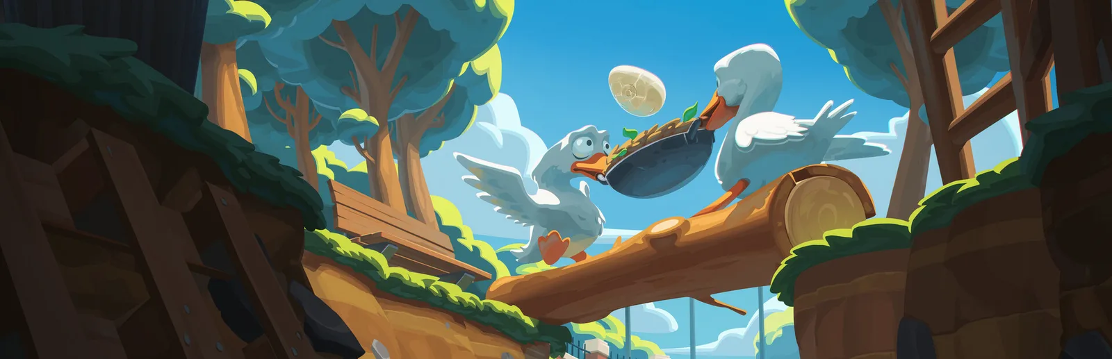 Colorful illustration of ducks in a whimsical environment for An Eggstremely Hard Game