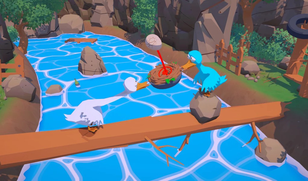 Two colorful ducks balancing on a log over a blue river in a whimsical game setting.