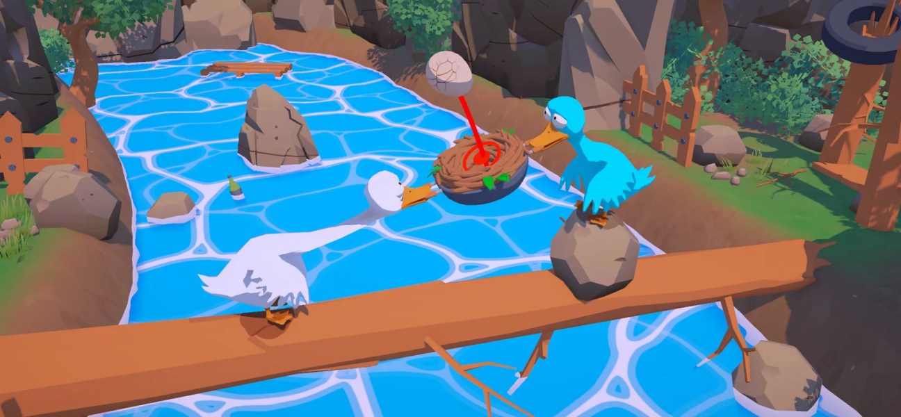 Two colorful ducks balancing on a log over a blue river in a whimsical game setting.
