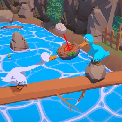 Two colorful ducks balancing on a log over a blue river in a whimsical game setting.